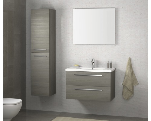 Badezimmer mit Waschbeckenunterschrank, Spiegelschrank und Hochschrank