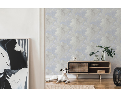 Wohnraum mit Wolken Tapete, Kommode und Hund