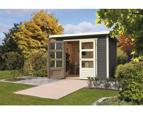 Expresshaus, Gartenhaus Karibu Prompto 3 282 x 210 cm terragrau Gartenhaus aus Holz mit Doppeltür im Garten
