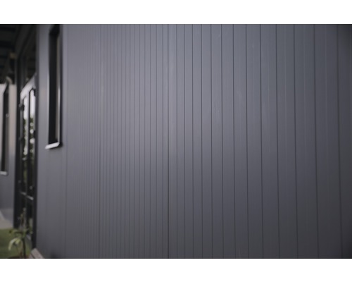 Fassade mit vertikalen Paneelen und Fenstern