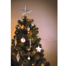Geschmückter Weihnachtsbaum mit Baumspitze, Christbaumkugeln und Lichterkette