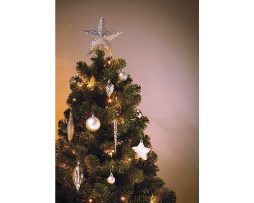 Geschmückter Weihnachtsbaum mit Baumspitze, Christbaumkugeln und Lichterkette