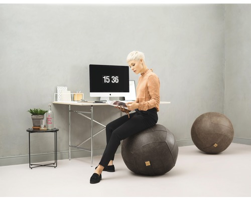Arbeitszimmer mit Schreibtisch, Computer und Gymnastikball als Bürostuhl