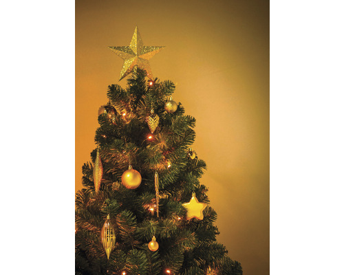 Geschmückter Weihnachtsbaum mit Sternspitze und Christbaumkugeln