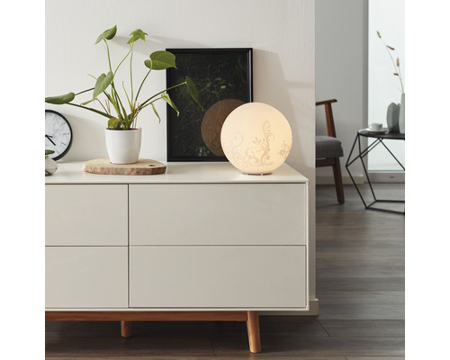 Dekorative Zimmerleuchte auf einer Kommode mit Schubladen, dazu eine Zimmerpflanze und ein gerahmtes Bild