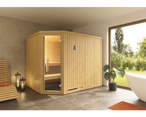 Elementsauna Weka Varberg Eck GT inkl. 7,5 kW Bio Ofen u.digitaler Steuerung ohne Fenster mit graphitfarbiger Ganzglastüre Elementsauna Weka Varberg Eck GT inkl. 7,5 kW Bio Ofen u.digitaler Steuerung ohne Fenster mit graphitfarbiger Ganzglastüre