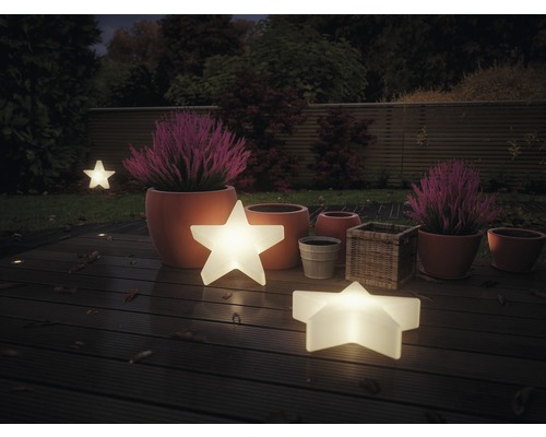 Szene mit beleuchteten Sternen, Pflanzgefäßen und Pflanzen im Garten.
