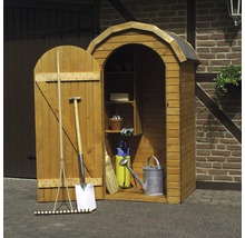 Gartenschrank aus Holz mit Gartengeräten