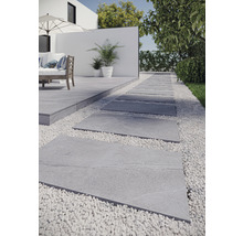 Gartenszene mit Terrassenplattenweg und Kiesbeet