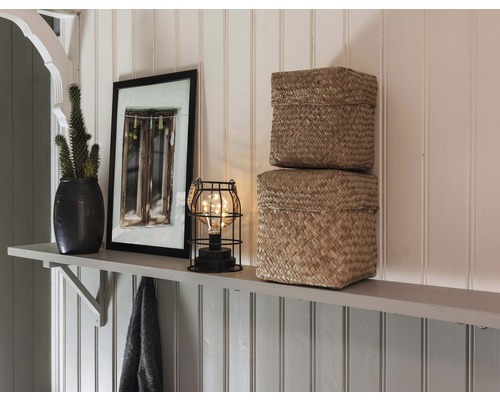 Dekorative Szene mit Pflanze, Bild, Lampe und zwei Körben auf einem Regal