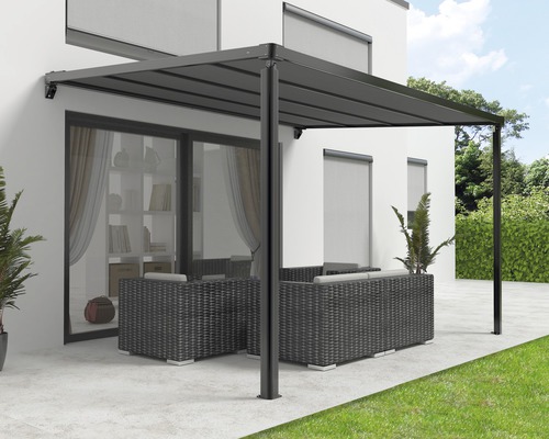 Pergola mit Stoffdach 2,94x3,94 Stoff uni anthrazit Gestell RAL 9011 graphitschwarz inkl.Motor,Fernbedienung und LED Beleuchtung (Wandbefestigung)