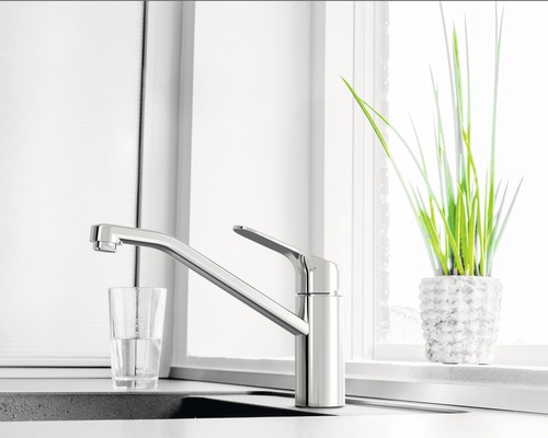 Küchenszene mit Spültischarmatur, Glas Wasser und Topfpflanze