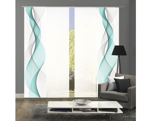 Raumansicht mit Schiebegardinen mit Wellenmuster