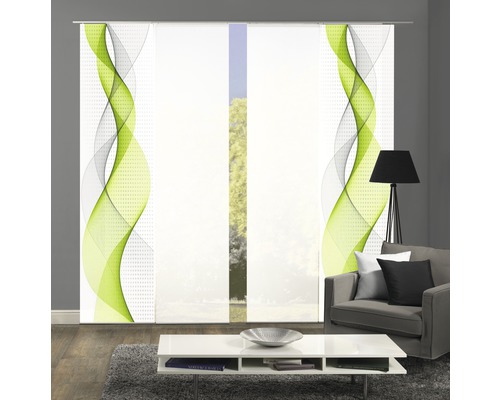 Raumszene mit Schiebegardine mit grünem Wellenmuster