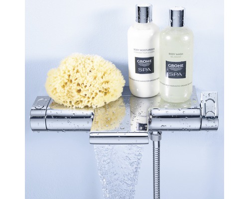 Brausearmatur mit Schwamm, Duschgel und Bodylotion