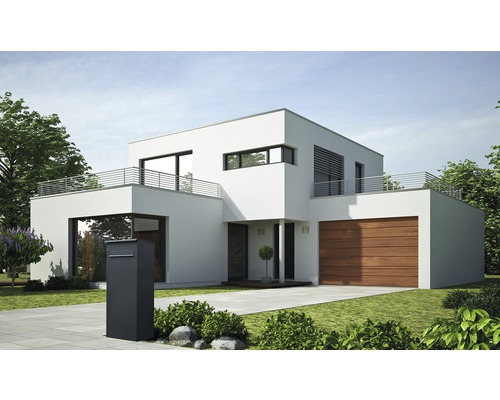 Modernes Haus mit Flachdach, Garage und Briefkasten