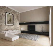 Wohnzimmer mit Couch, Teppich, TV und Wandregal