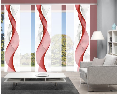 Raumansicht mit Schiebegardinen mit abstraktem Wellenmuster