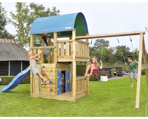 Spielturm Jungle Gym Farm Holz mit Spielhaus, Kletterwand, Doppelschaukel, Rutsche blau