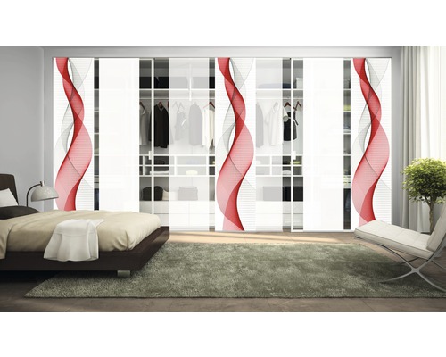 Schlafzimmer mit Schiebetürenschrank und abstrakten Dekorelementen