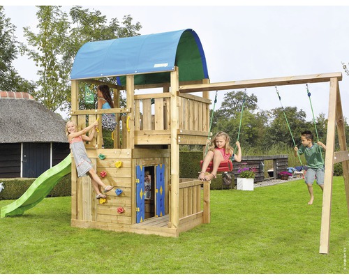 Spielturm Jungle Gym Farm Holz mit Spielhaus, Kletterwand, Doppelschaukel, Rutsche hellgrün