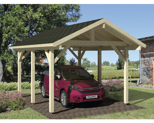 Einzelcarport Palmako Robert 11,7 m² 360x510 cm tauchgrundiert Holzcarport mit einem Auto auf einem gepflasterten Bereich