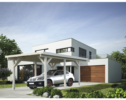 Einzelcarport Palmako Karl 11,7 m² 360x512 cm tauchgrundiert Modernes Haus mit Carport und geparktem Auto