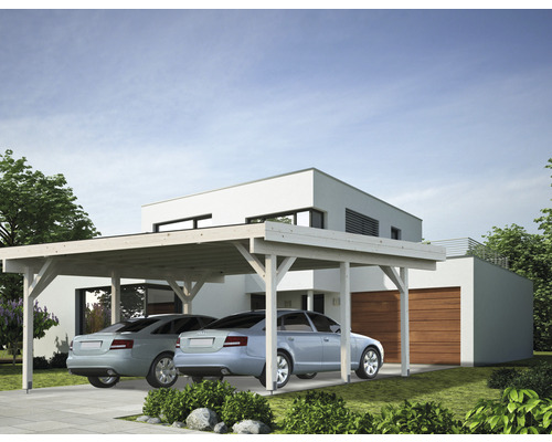 Doppelcarport Palmako Karl 20,6 m² 600x512 cm tauchgrundiert Doppelcarport aus Holz mit zwei geparkten Autos vor einem modernen Haus