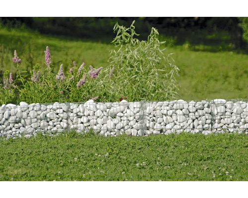 Gabionenwand mit weißen Steinen im Garten