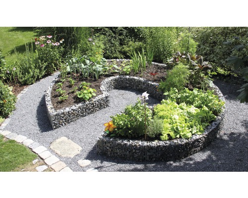 Hochbeet in Spiralform mit Gabionen und verschiedenen Pflanzen im Garten