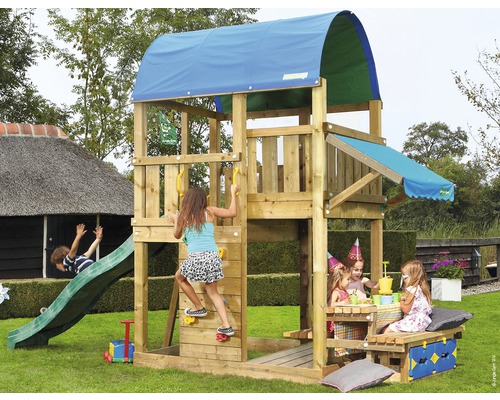 Spielturm Jungle Gym Farm Holz mit Kletterwand, Tisch, Sandkasten, Rutsche dunkelgrün