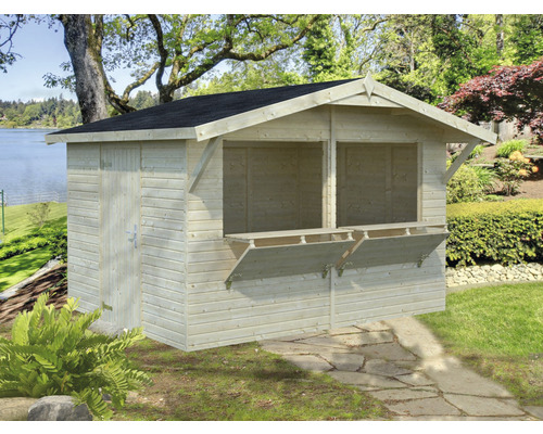Marktstand Palmako Stella 8,2 m² 361 x 320 cm tauchgrundiert Holzgartenhaus mit Tür und zwei Fensteröffnungen im Garten
