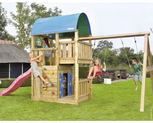 Spielturm Jungle Gym Farm Holz mit Spielhaus, Kletterwand, Doppelschaukel, Rutsche fuchsia