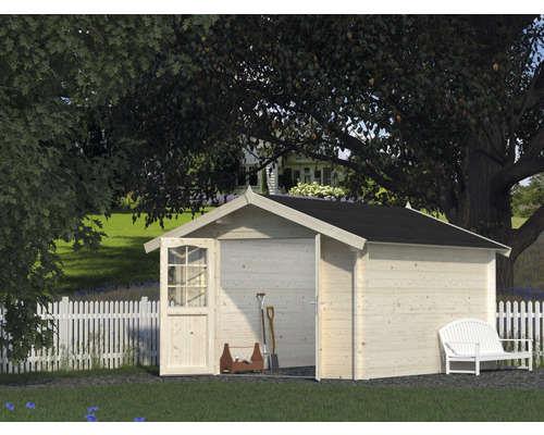 Gartenhaus Palmako Lotta 10,0 m² 331 x 430 cm tauchgrundiert Holzgartenhaus mit geöffneten Türen, Gartenwerkzeugen und Gartenbank