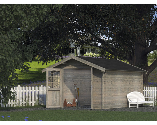 Gartenhaus Palmako Lotta 10,0 m² 331 x 430 cm tauchgrundiert grau Garten Szene mit einem Holzgartenhaus, Gartengeräten und einer Gartenbank