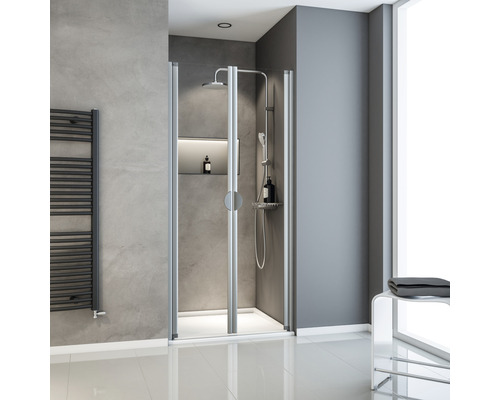 Pendeltür in Nische Schulte Lugano 90 x 180 cm Klarglas Profilfarbe aluminium Badezimmer mit Duschkabine, Handtuchwärmer und Hocker