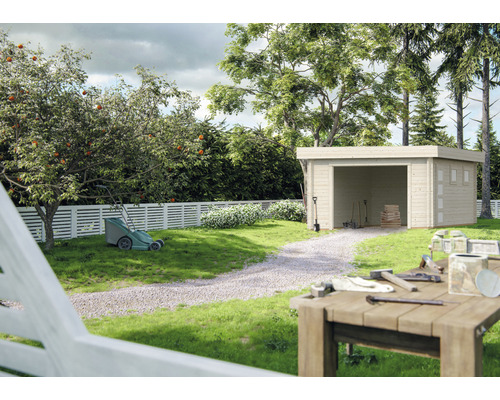 Einzelgarage Palmako Rasmus 19,0 m² ohne Tor 360 x 550 cm natur Garten mit Gerätehaus, Rasenmäher und Gartengeräten
