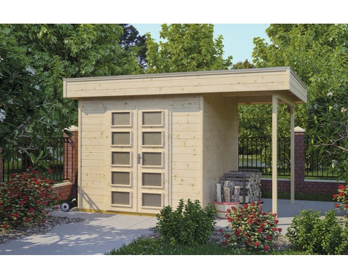 Holzgartenhaus mit Anbau und Tür mit Fenstern in einem Garten.