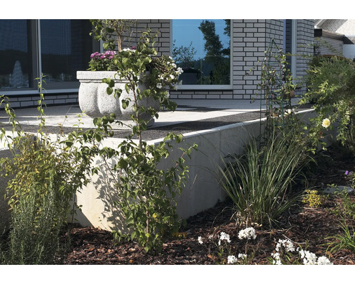 Gestalteter Gartenbereich mit Pflanzen und Dekorationselementen.