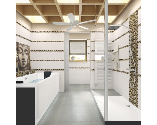 Helles Badezimmer mit Badewanne, Dusche und Deckenventilator