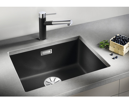 Spüle mit Wasserhahn und Blaubeeren auf der Arbeitsfläche