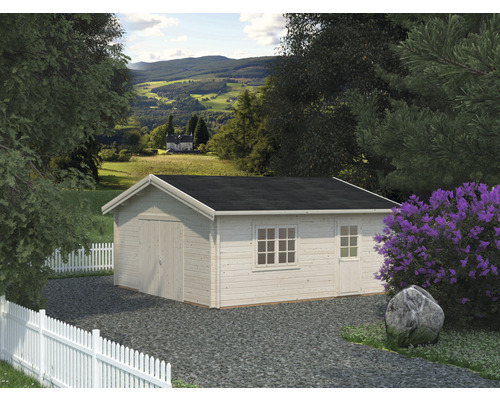 Einzelgarage Palmako Roger 27,7 m² mit Holztor 540 x 540 cm natur Holzgartenhaus mit Doppeltür und Einzeltür vor grüner Landschaft