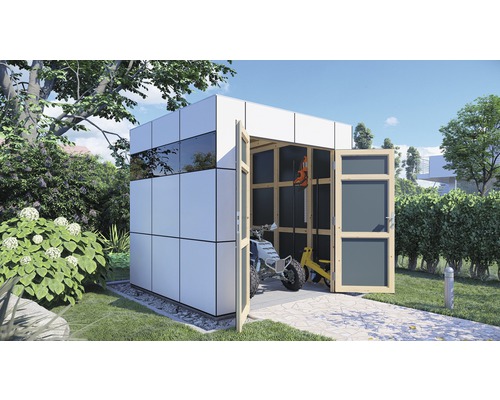 Gartenhaus Bertilo Design HPL 1 230 x 236 cm anthrazit-weiß Garten Szene mit modernem Geräteschuppen aus Holz und Metall
