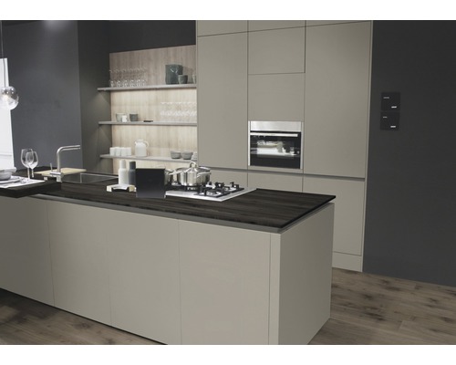 Moderne Küche mit Kochinsel, Einbaubackofen und Regalen