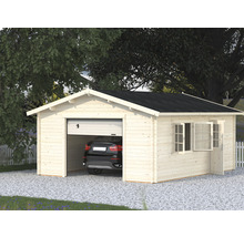 Holzgarage mit Sektionaltor, Fenster und Tür im Garten