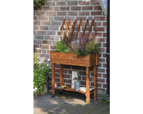 Hochbeet aus Holz mit Pflanzen und Rankhilfe vor einer Ziegelwand