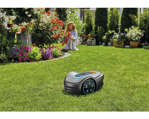Szene mit einem Rasenmähroboter auf einer grünen Rasenfläche in einem Garten.