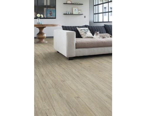 Heller Wohnraum mit Holzboden, Sofa und Tisch