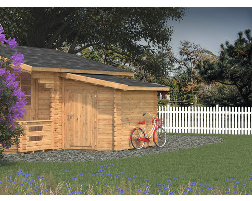 Anbauschuppen Palmako 163 x 235 cm tauchgrundiert braun Holzgartenhaus mit Fahrrad und Gartenzaun im Hintergrund