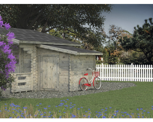 Anbauschuppen Palmako 163 x 235 cm tauchgrundiert grau Holzgartenhaus mit rotem Fahrrad an der Seite